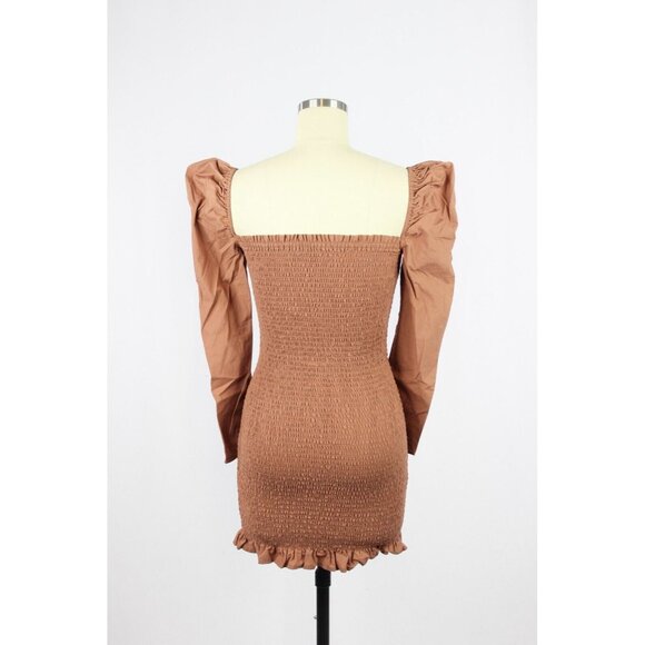Aritzia WILFRED Maelys Brown Cotton Poplin Puff Sleeve Smocked Dress, Size XS - Picture 3 of 11